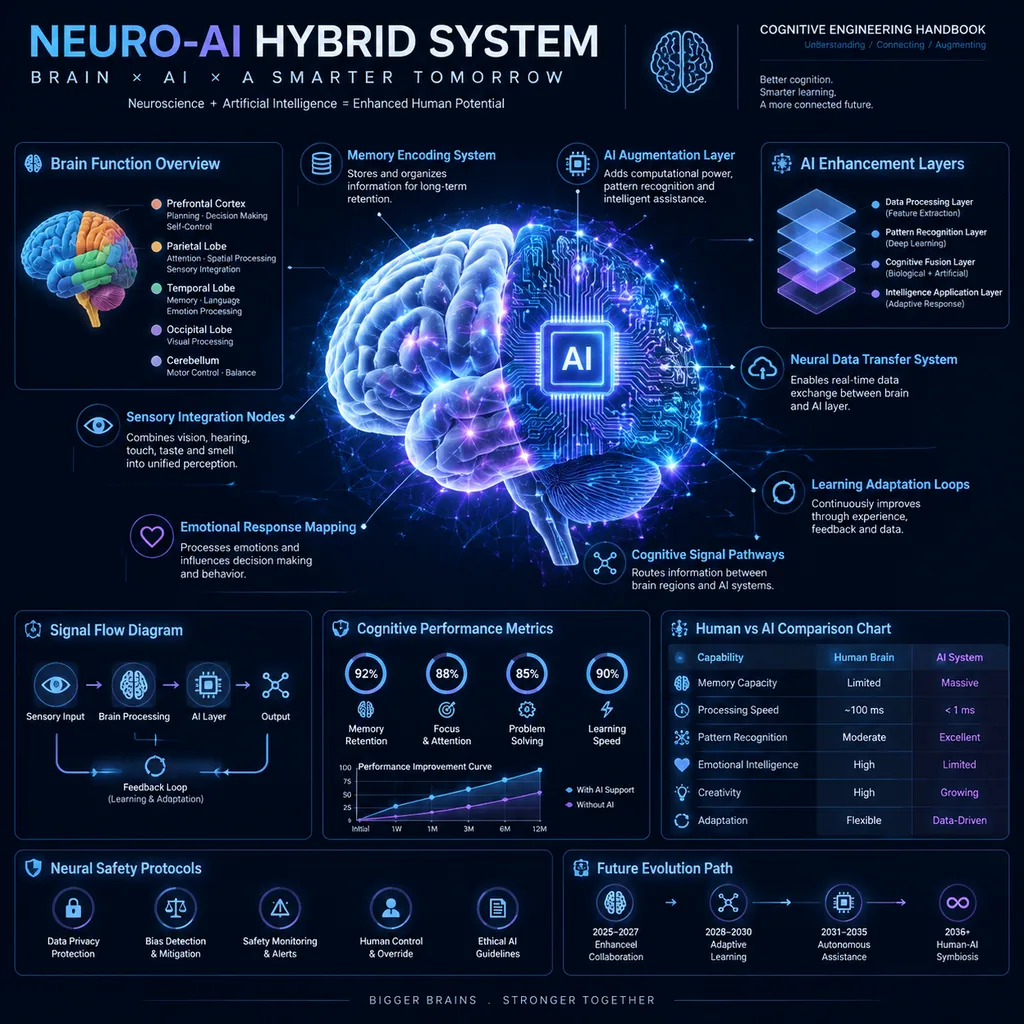 Dark square infographic of a glowing brain and neural network system with panels