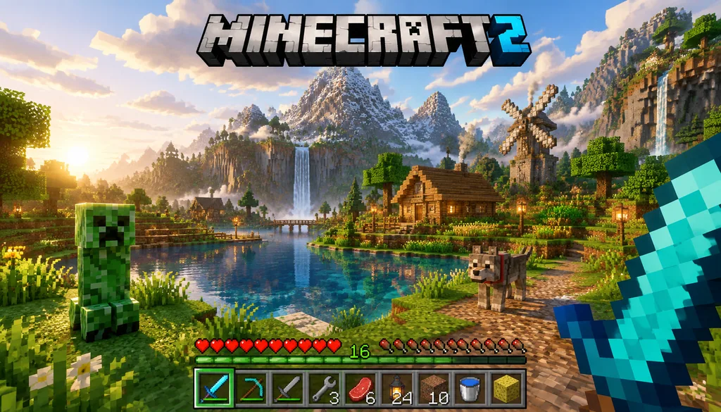 First-person voxel world screenshot with realistic lighting, a creeper, a wolf and a big logo