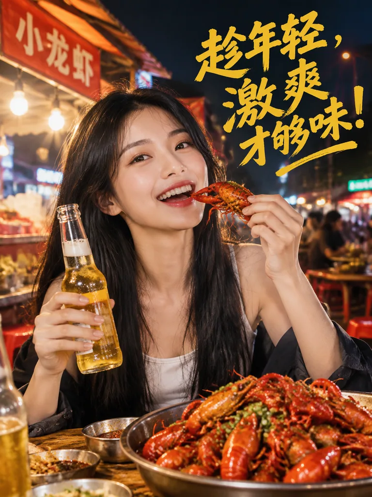 Poster of a happy young woman drinking beer and eating crayfish at a night food stall