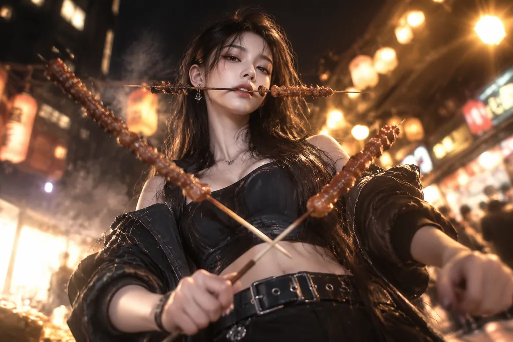 Cool beauty at a night market holding three barbecue skewers like a three-sword fighter