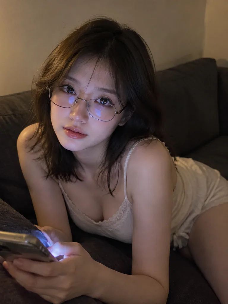 Woman in glasses leaning over a dark couch at night lit by a phone screen