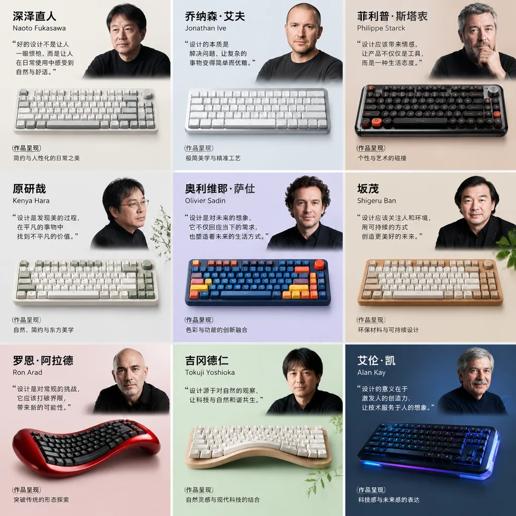 Nine-grid image of mechanical keyboards by nine designers, each with portrait and design notes