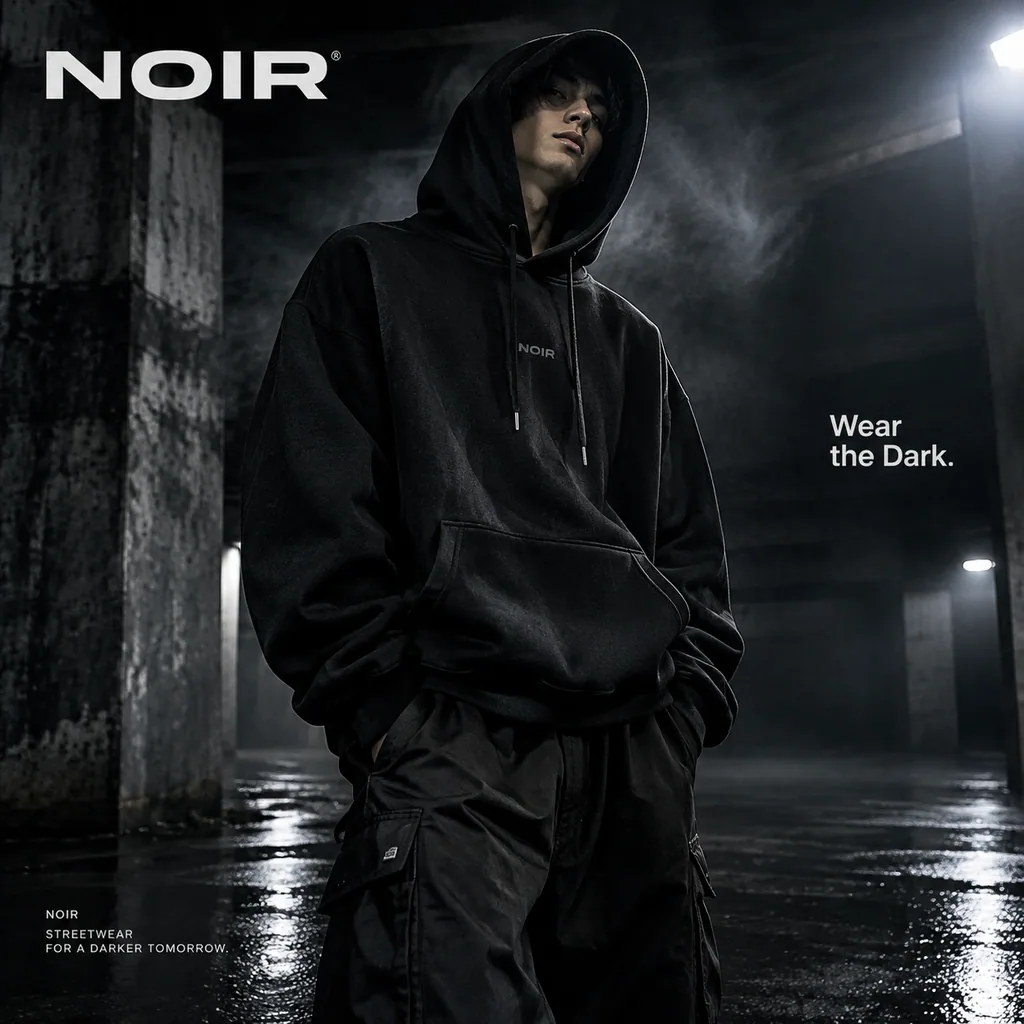 Square campaign poster for NOIR streetwear with one oversized black hoodie as the hero product