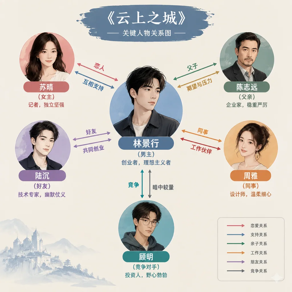 Relationship diagram linking the key characters of a classic novel with labeled ties