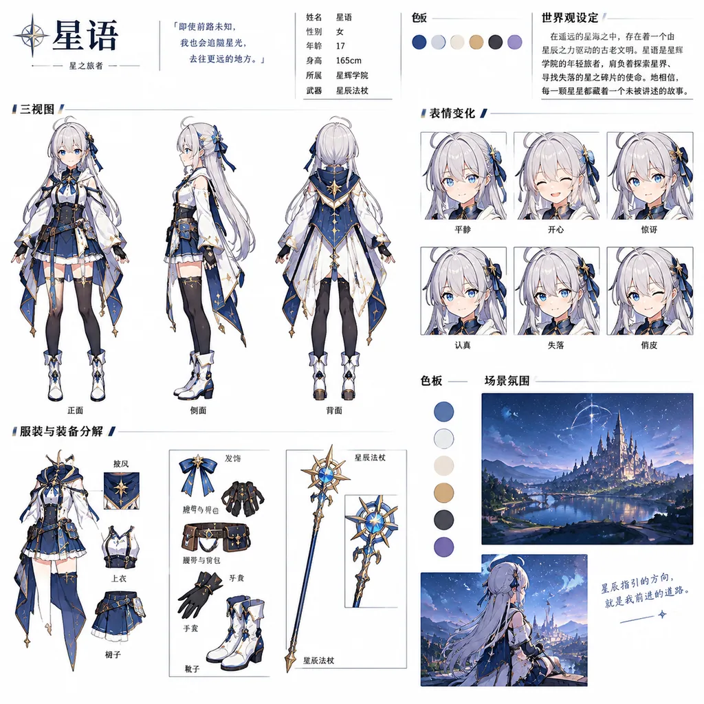 Character sheet with front, side and back views, expressions, outfit details and color palette