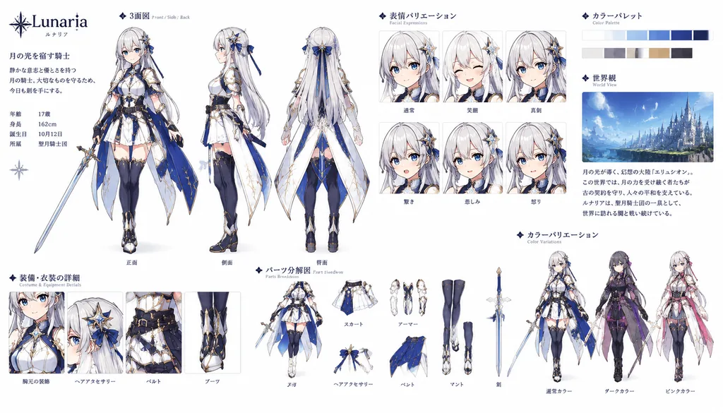 Character sheet with front, side and back views, expressions, gear details and a color palette