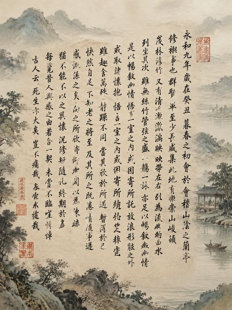 Calligraphy copy of the Orchid Pavilion preface over a misty spring pavilion backdrop