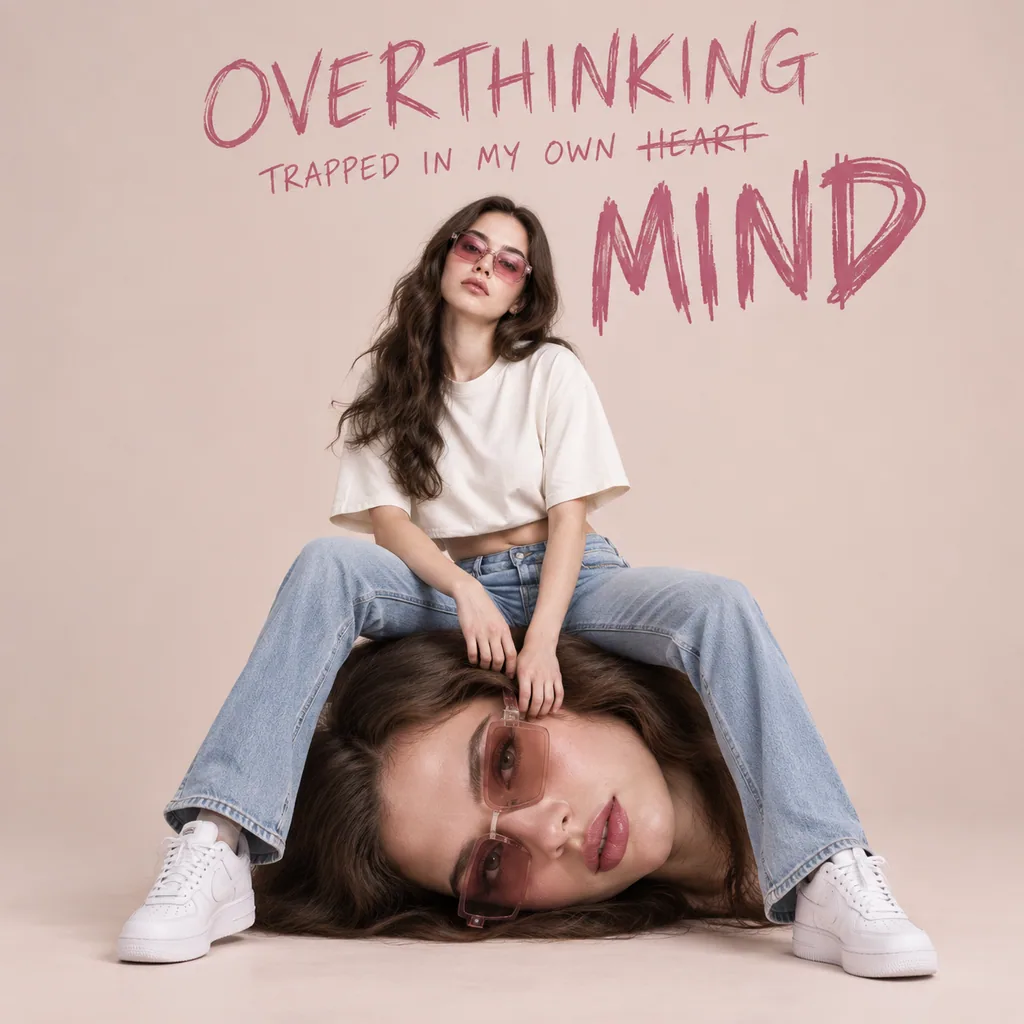 Young woman in rose sunglasses sitting on a giant replica of her own head on a city street