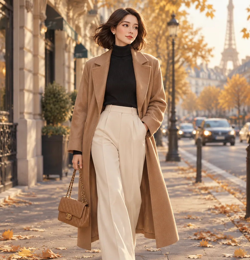 Fashion illustration of a woman in a camel coat walking a Paris street in autumn