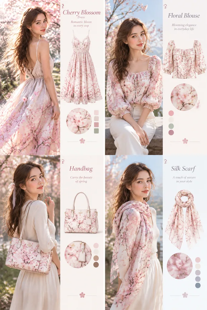 Four fashion items printed with the same pattern in different colorways with outfit shots