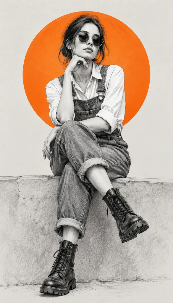 Monochrome pencil-sketch woman in sunglasses and overalls sitting on a stone ledge