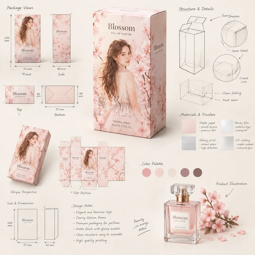 Industrial packaging design sheet with a 3D penguin-shaped package and technical views