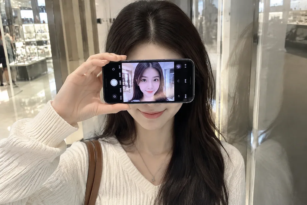 Woman holding a phone over her eyes in front of a reflective store window