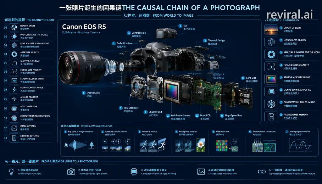 Technical infographic tracing how a photo is made, centered on an exploded mirrorless camera