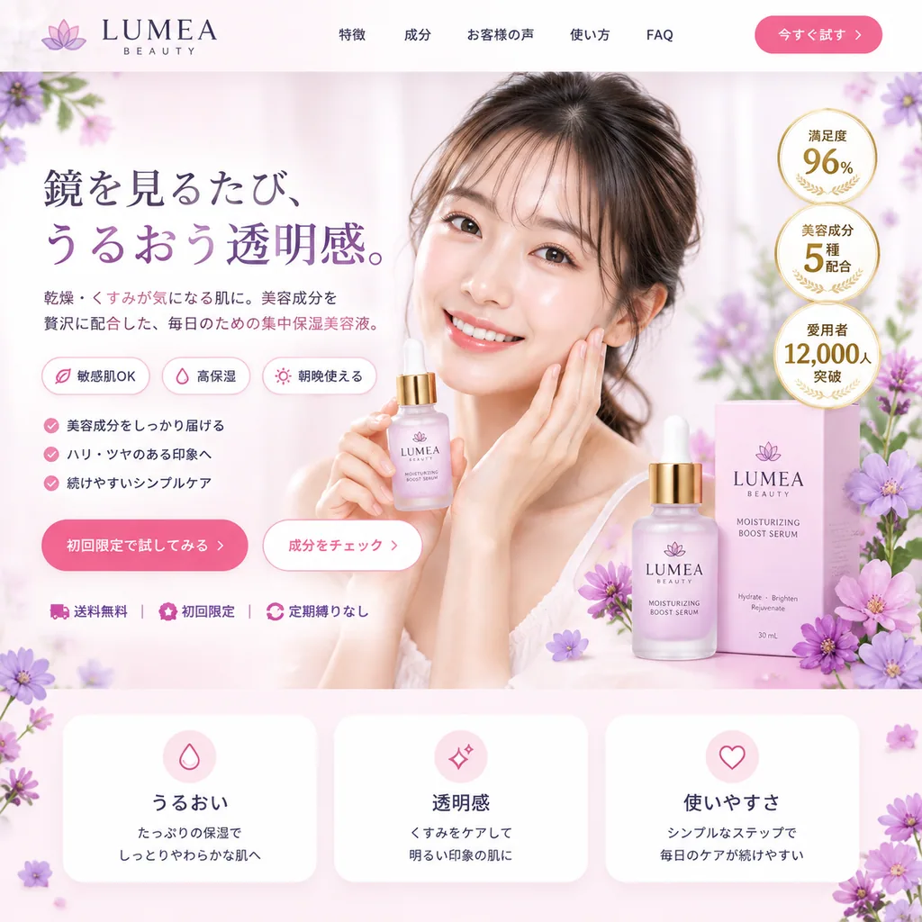 Soft pink skincare landing page hero with a serum, purple flowers and Japanese copy