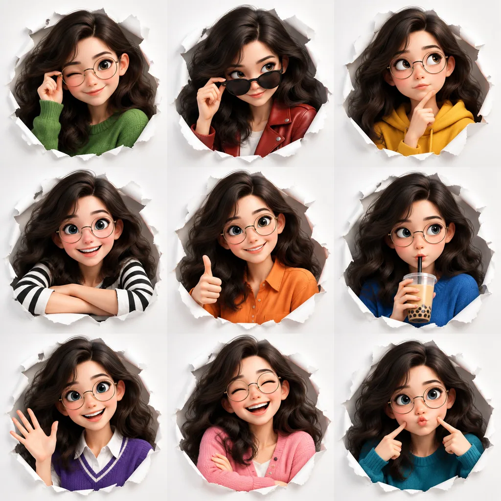 Three by three grid of a 3D woman with glasses peeking through torn paper with different expressions