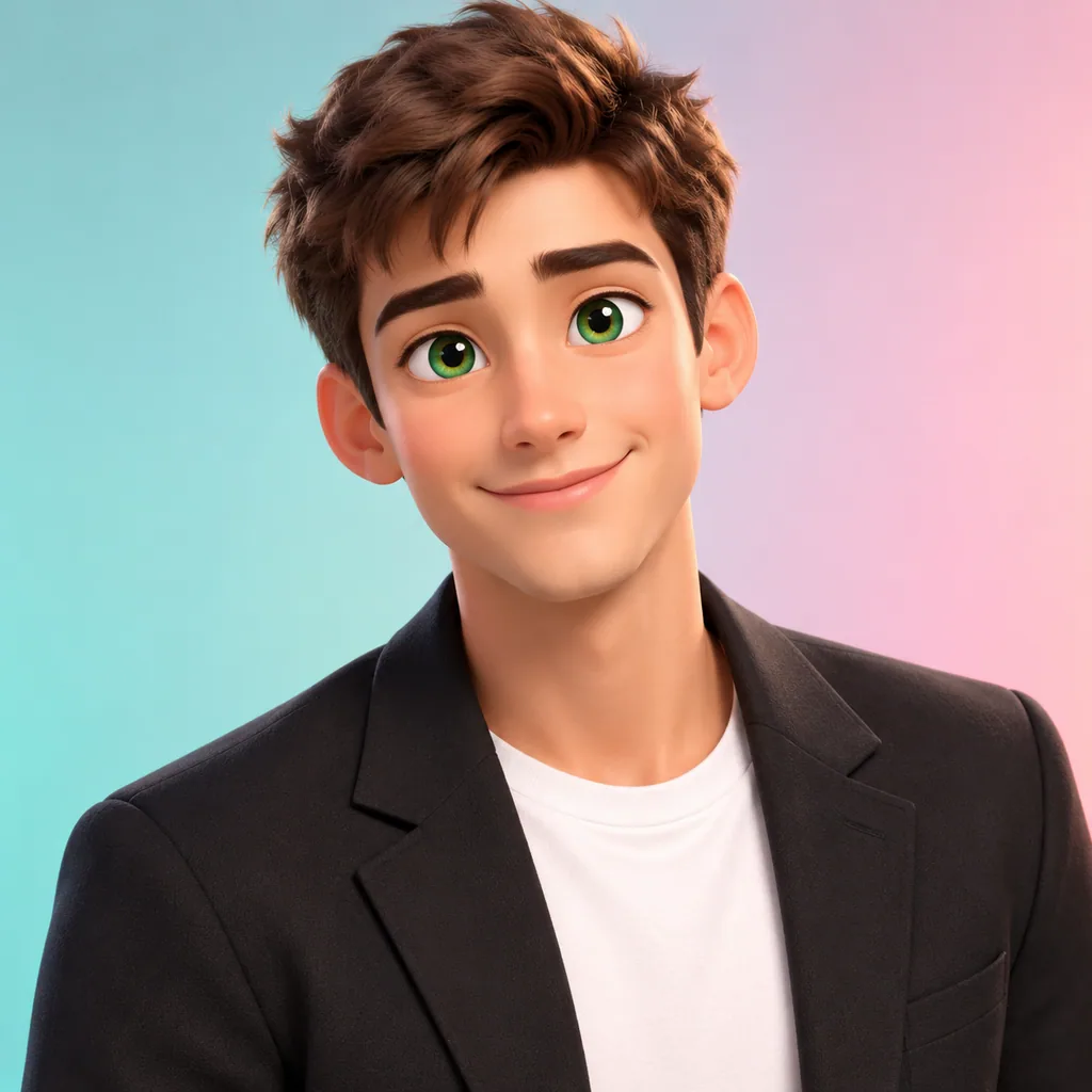 3D cartoon portrait of a smiling young man with brown hair and green eyes in a black blazer