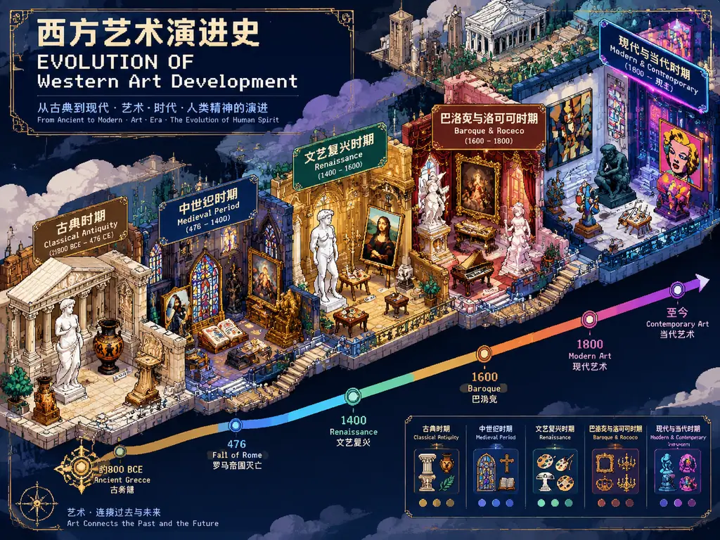 Isometric pixel art museum timeline showing the evolution of Western art through stages