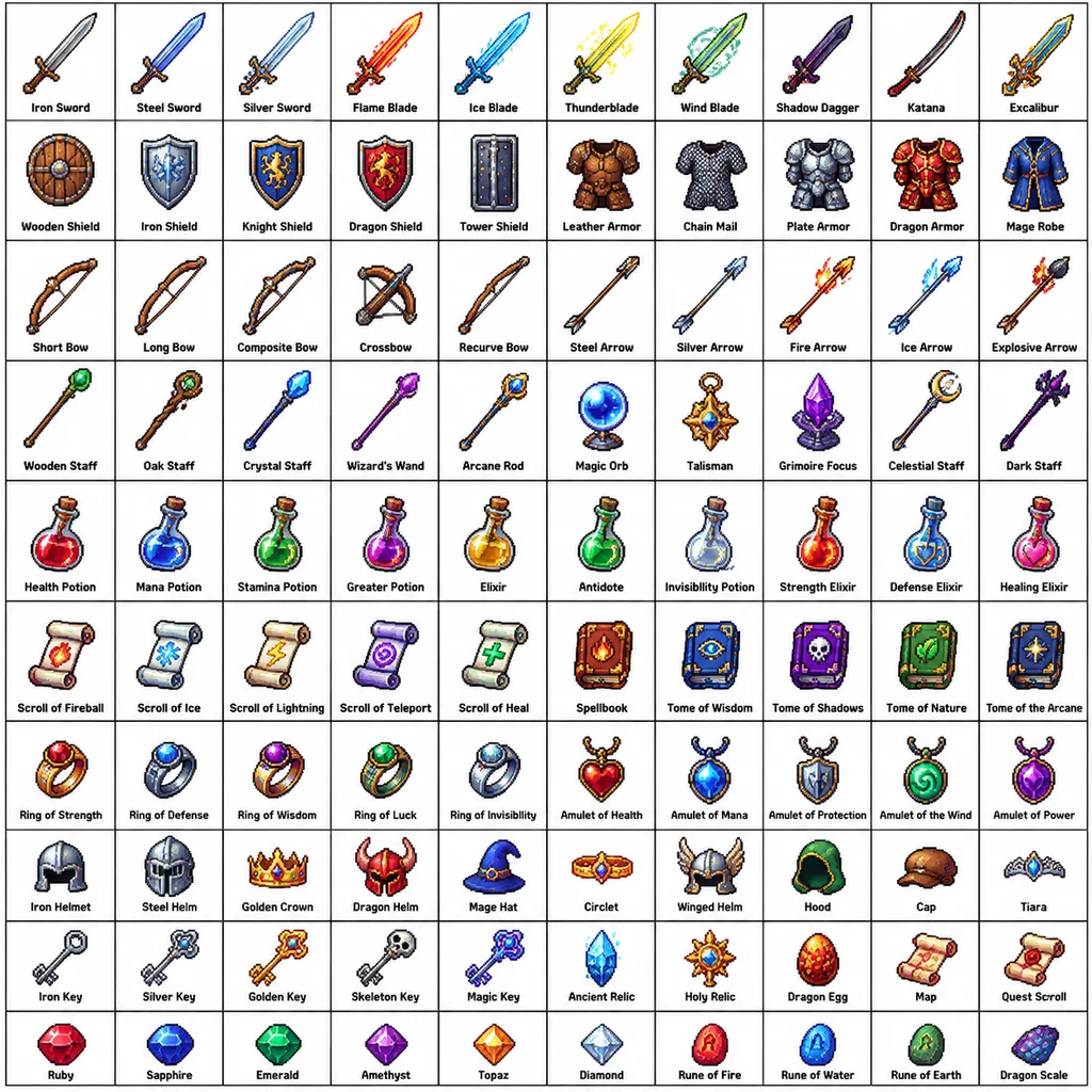 Ten by ten grid of pixel art fantasy RPG items like swords, potions and gems with labels