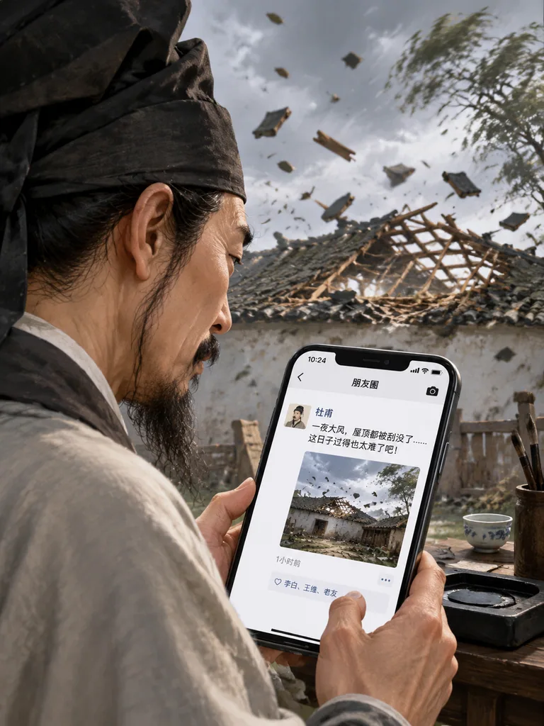 Social feed post of a Tang poet complaining that the wind blew his thatched roof away