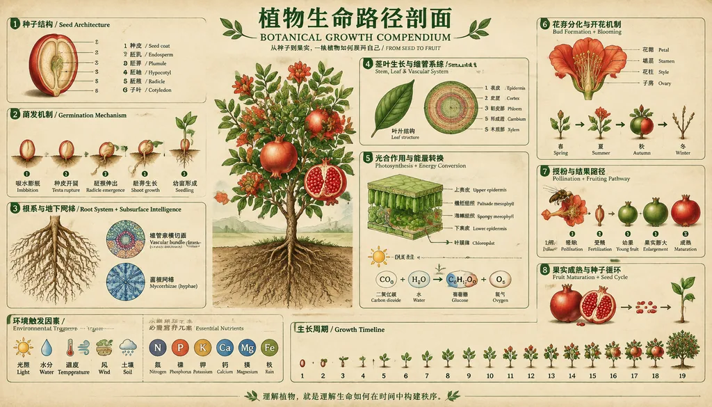 Vintage botanical infographic of the pomegranate plant life path with fruit, roots and cross sections