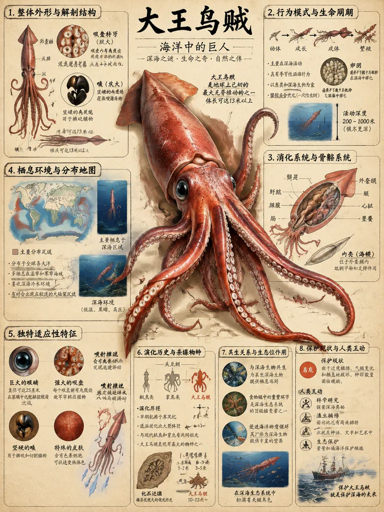 Vintage encyclopedia infographic of a giant squid popping out of aged paper with labeled modules