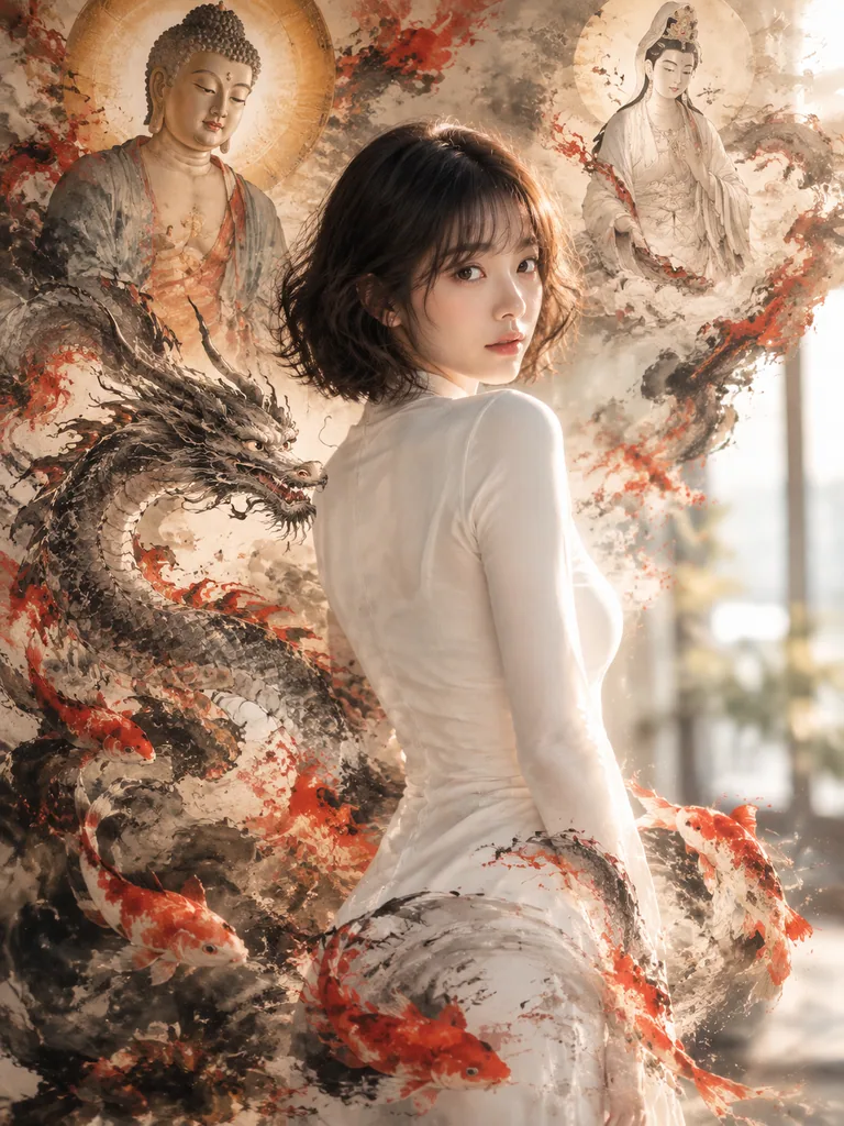 Woman glancing back by a window surrounded by ink wash Buddha, dragon and koi