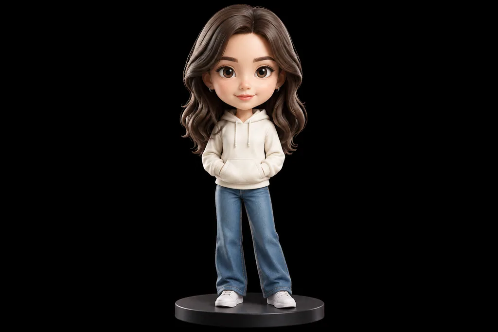 Photo turned into a big-headed matte vinyl 3D collectible figure on black