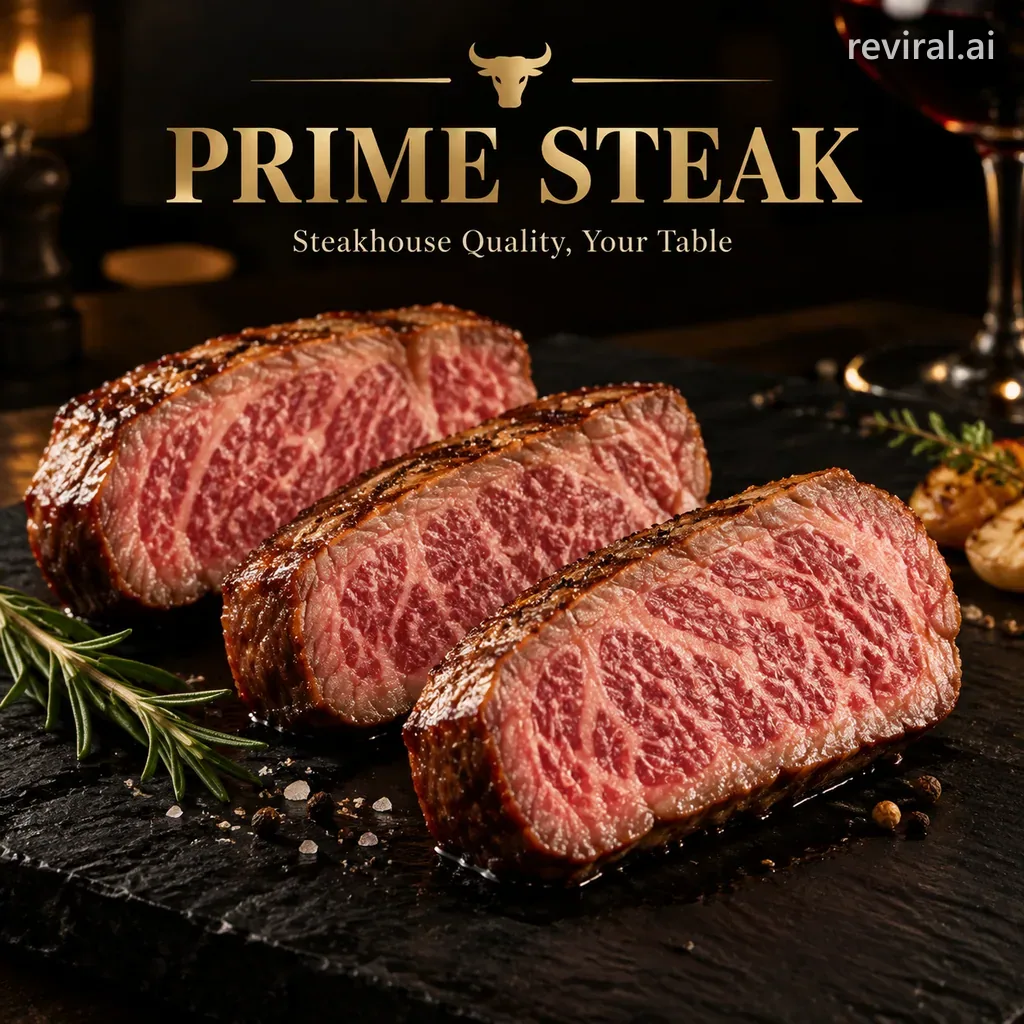 Sliced wagyu steak on black slate with gold PRIME STEAK branding in dark light