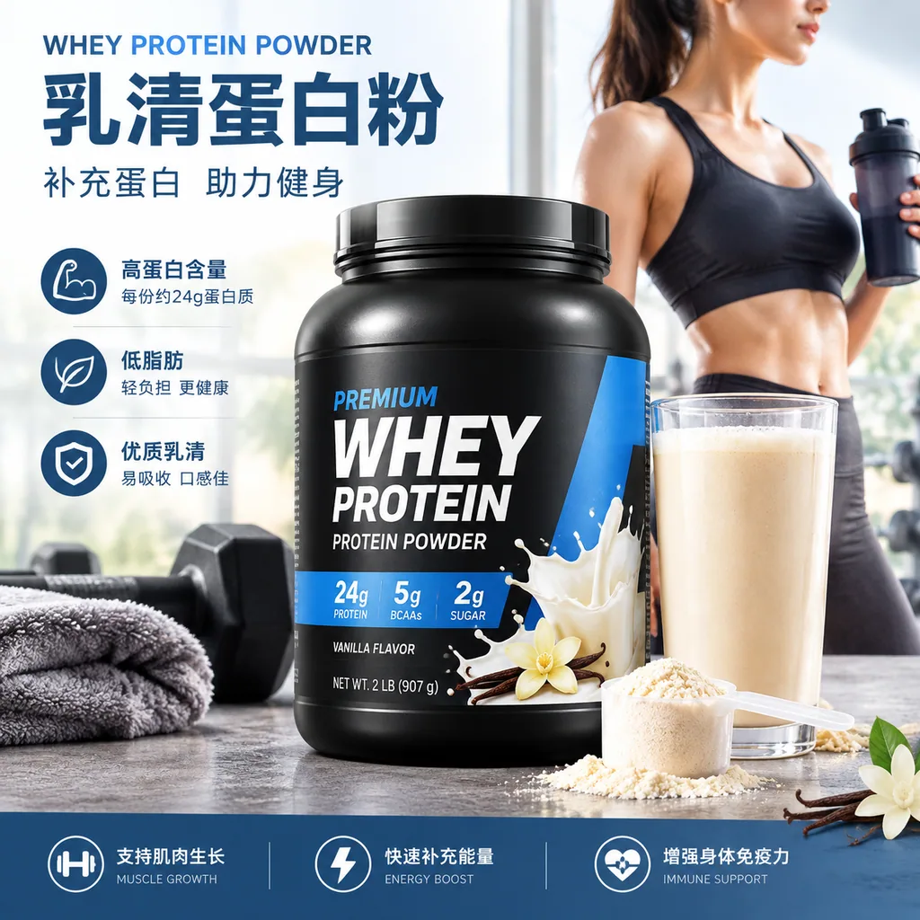 Ecommerce detail page for a fitness protein powder tub with benefits and nutrition info