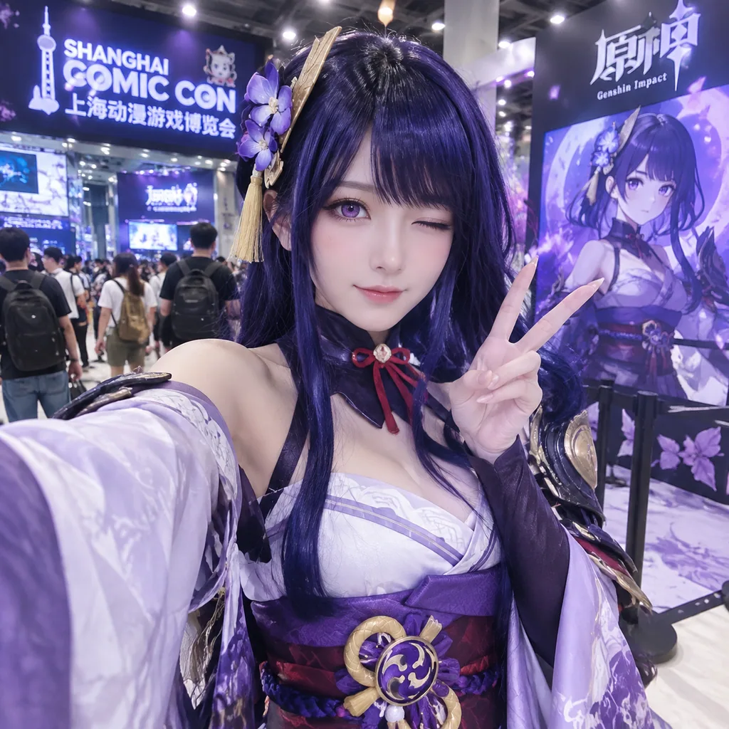 Cosplay selfies of a Raiden Shogun cosplayer at a busy comic convention