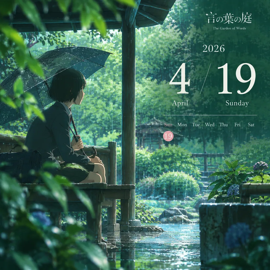 Single day calendar page for April 19 2026 with green rainy garden anime scenery