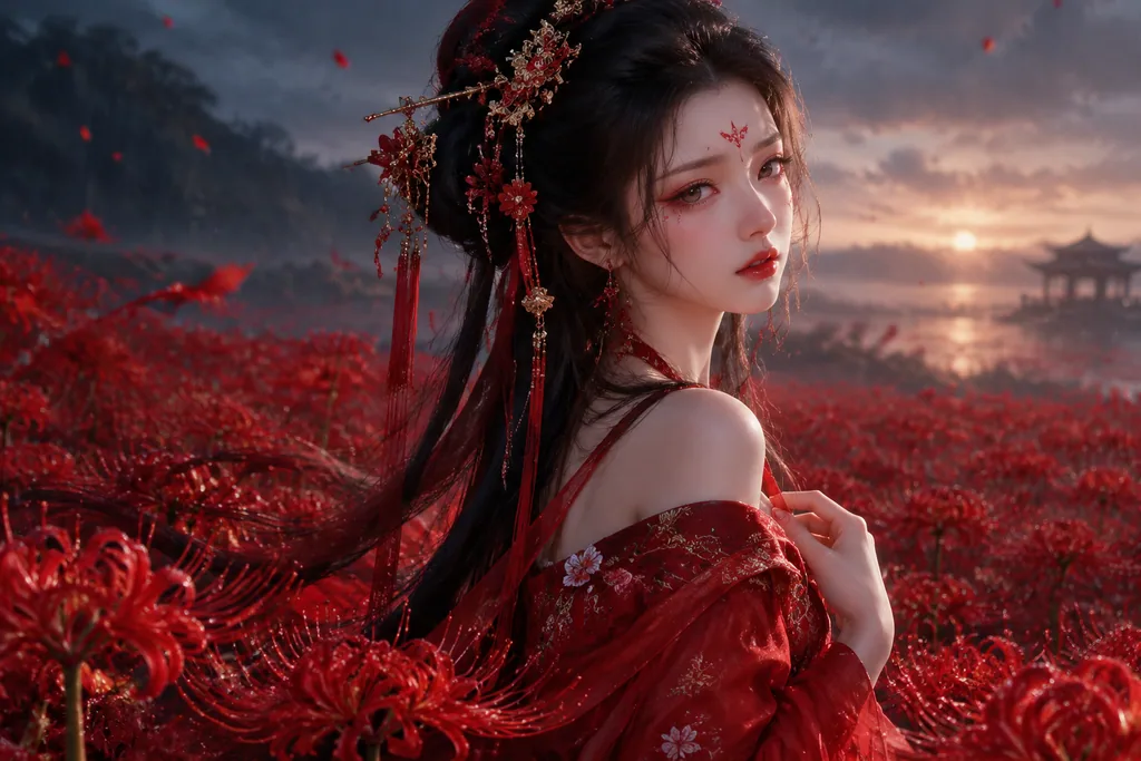Woman in striking red bridal makeup standing among a field of crimson spider lilies