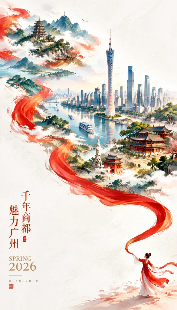 City poster where a tiny dancer swirls a red silk ribbon that transforms into Guangzhou landmarks
