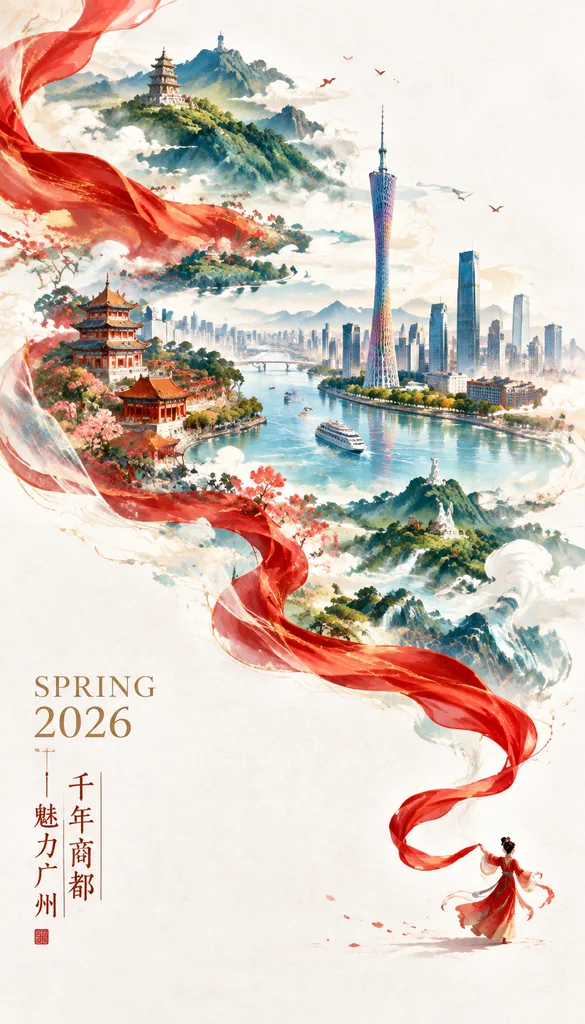 Festive poster where a red silk ribbon unfurls into a sweeping panorama of Guangzhou