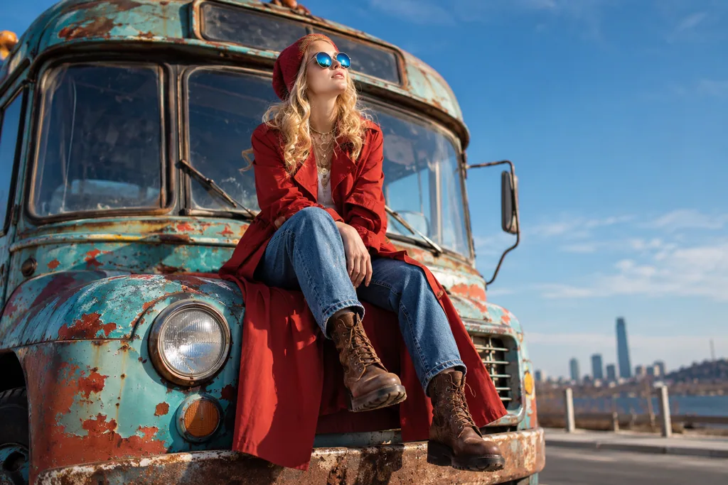 Stylish woman in a red trench coat and round blue sunglasses sitting on a rusty vintage bus