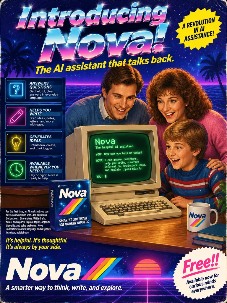 Retro 1980s magazine ad with chrome lettering introducing a talking home assistant