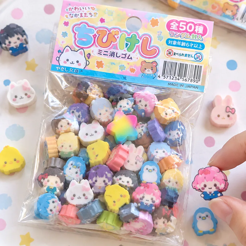 Packaged chibi character eraser product photographed like a Japanese stationery item