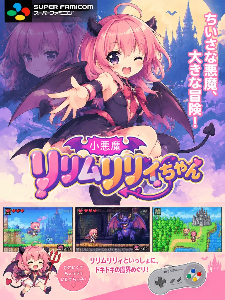 Retro 16-bit console game poster starring a cute little devil girl character