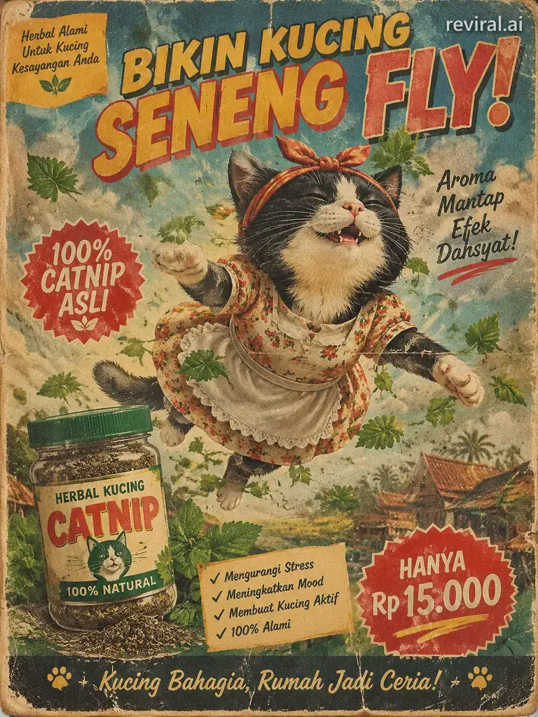 Vintage 1970s style poster of a tuxedo cat in housewife clothes floating on catnip