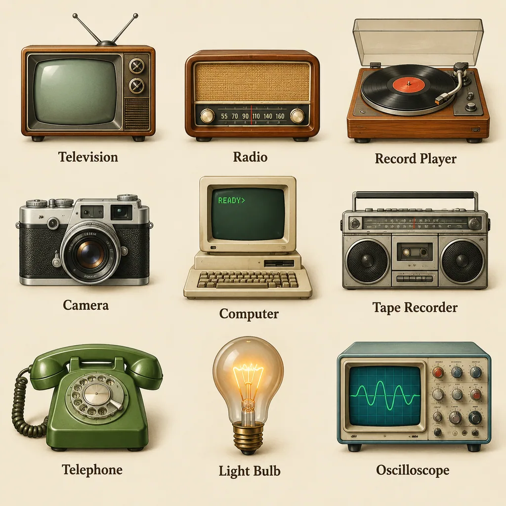 A grid of retro skeuomorphic icons of vintage electronic gear with names under each