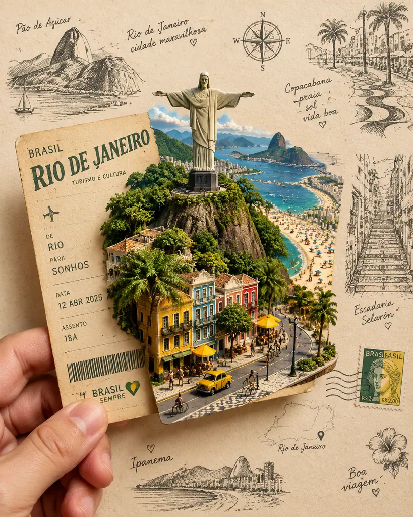 Paper diorama of Rio de Janeiro landmarks with a hand holding a vintage travel ticket