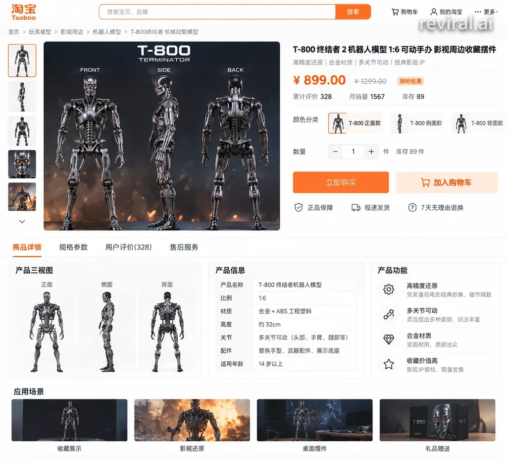 Robot product page with three-view drawings, specs, price and everyday usage scenes