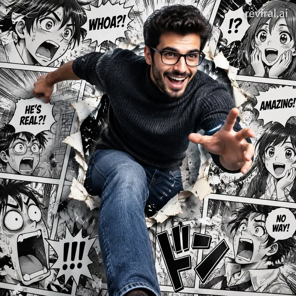 Young man with glasses running out of a torn manga panel into the real world in vivid color