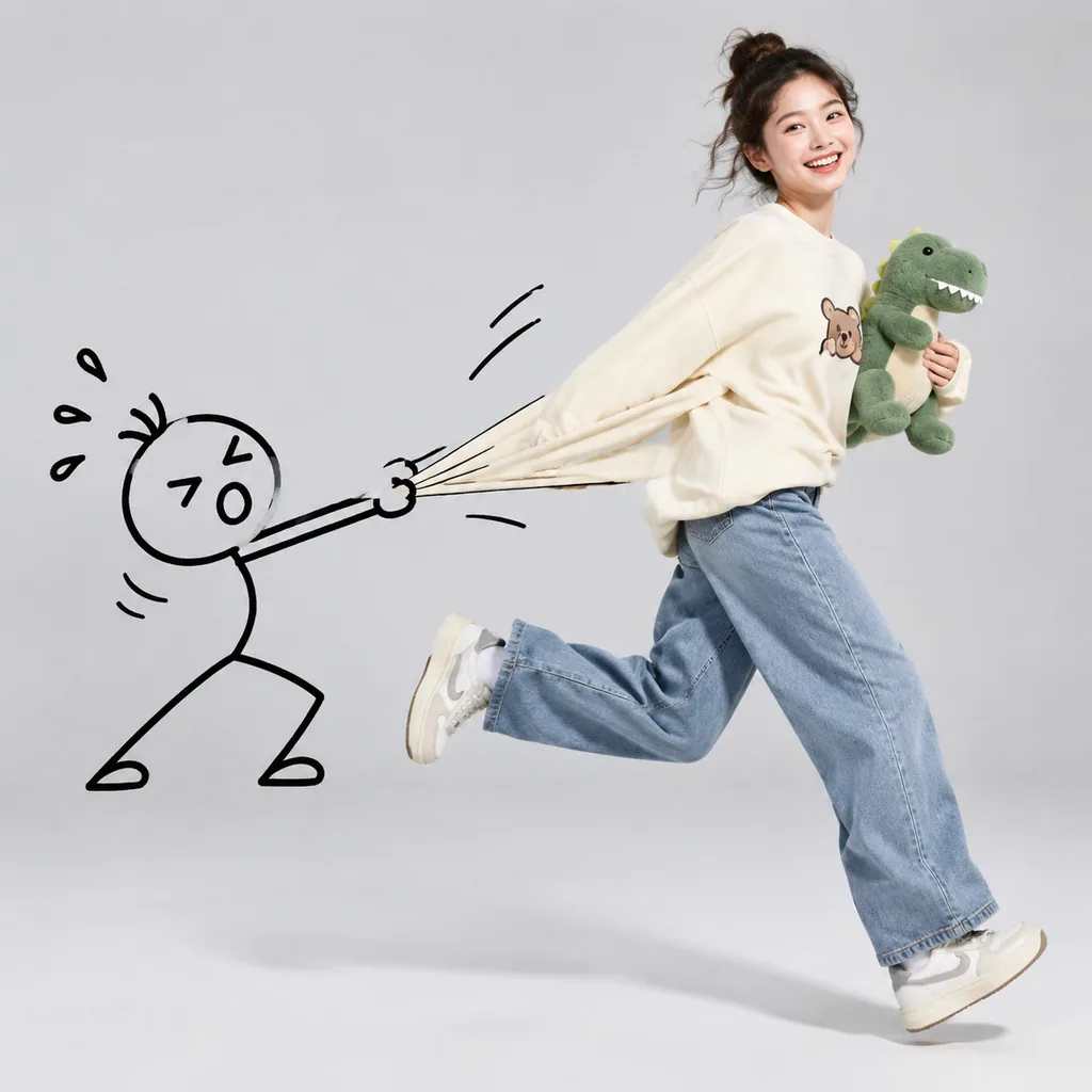 High-key studio shot of a young woman running mid-stride with playful doodles