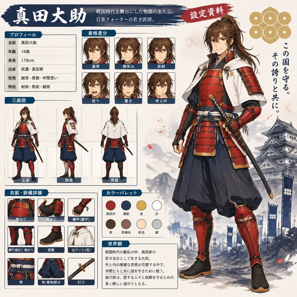 Anime reference sheet of a young samurai in red armor with poses, details and Japanese notes
