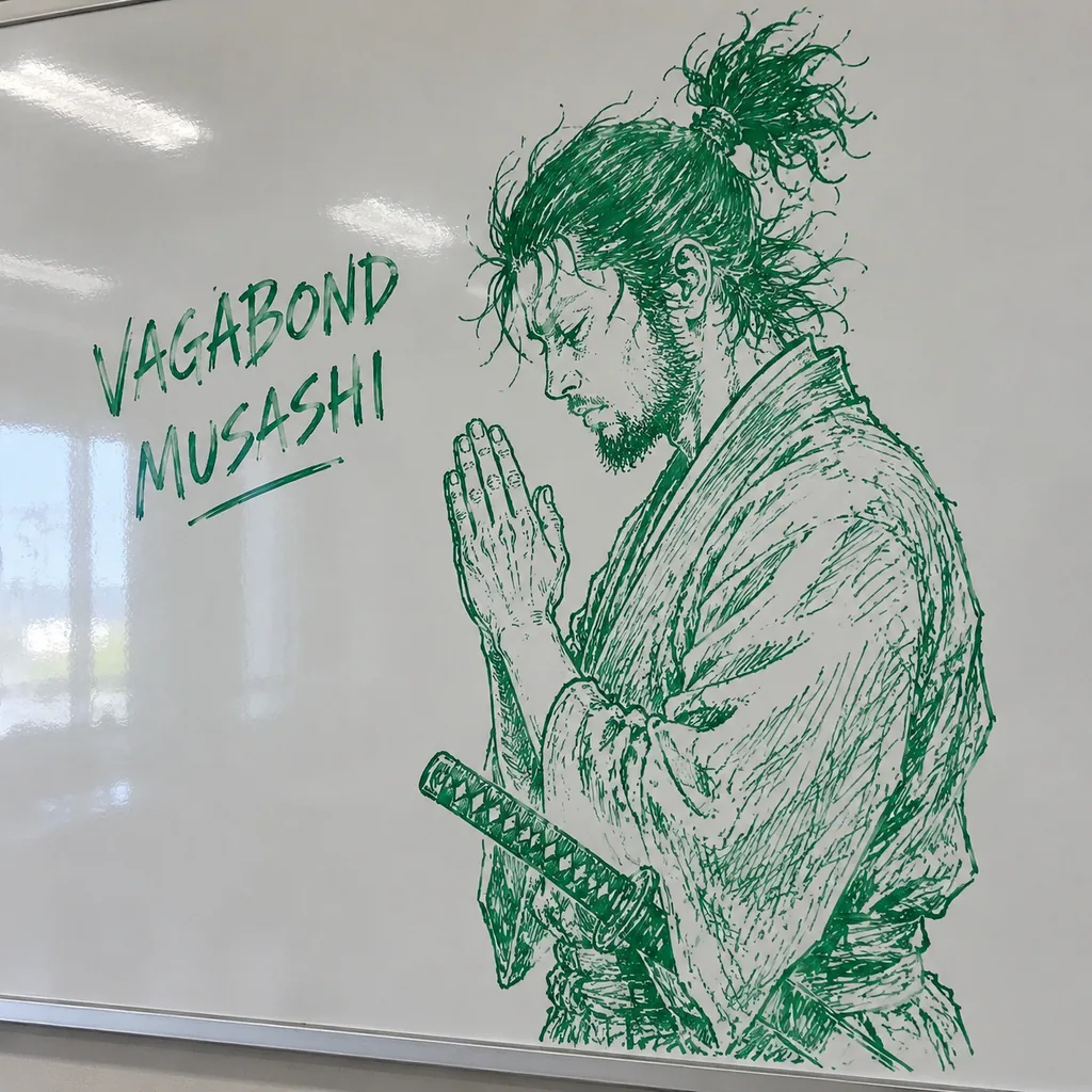 Photo of a whiteboard with a detailed green marker sketch of a praying samurai