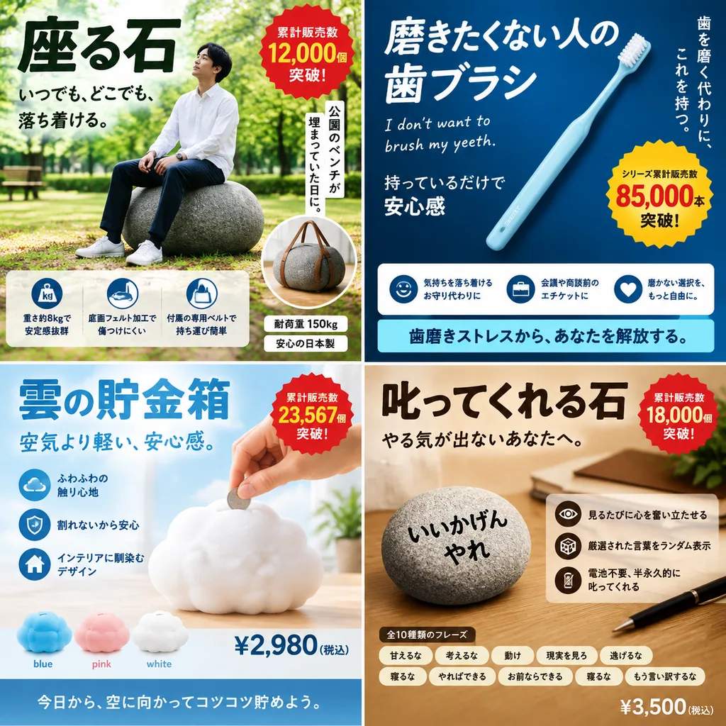 Four panel satirical Japanese product ads, including a sitting stone and a lazy toothbrush