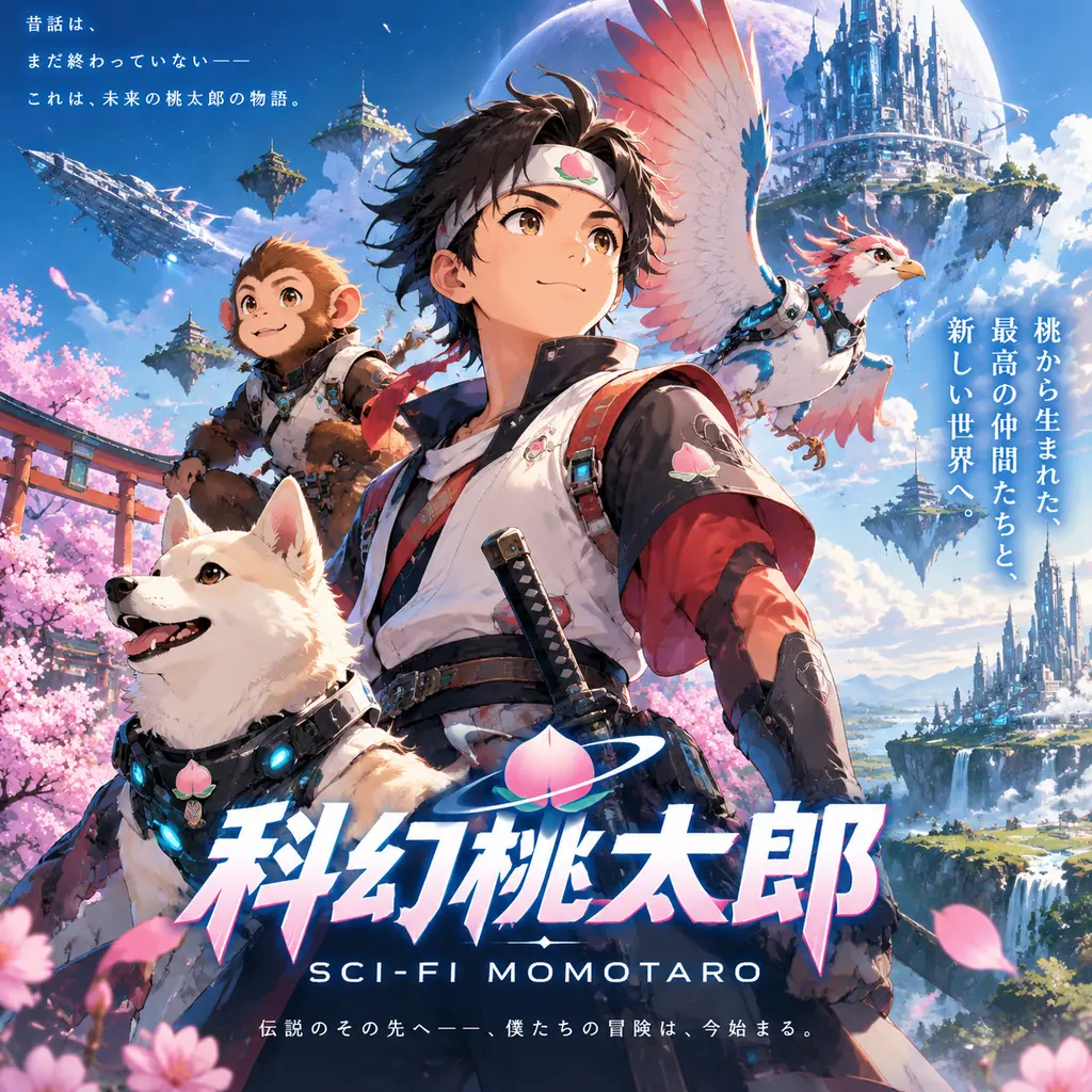 Anime key visual of a sci-fi Momotaro hero with logo, slogan and a futuristic world
