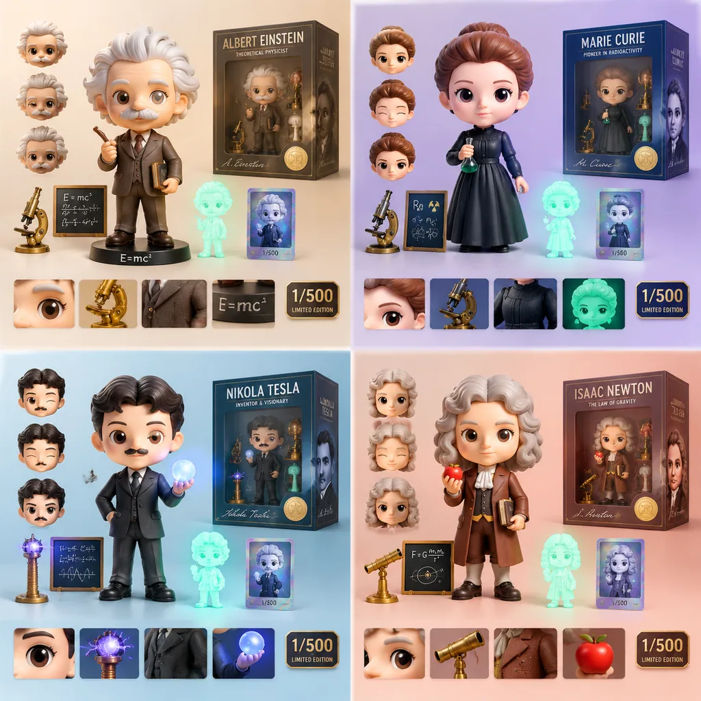Grid of four scientist designer figures with accessories and packaging